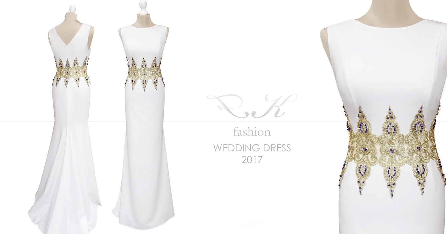 Egyszerű menyasszonyi ruha, arany zsinóros derékdíszítéssel - Anita álomruhája