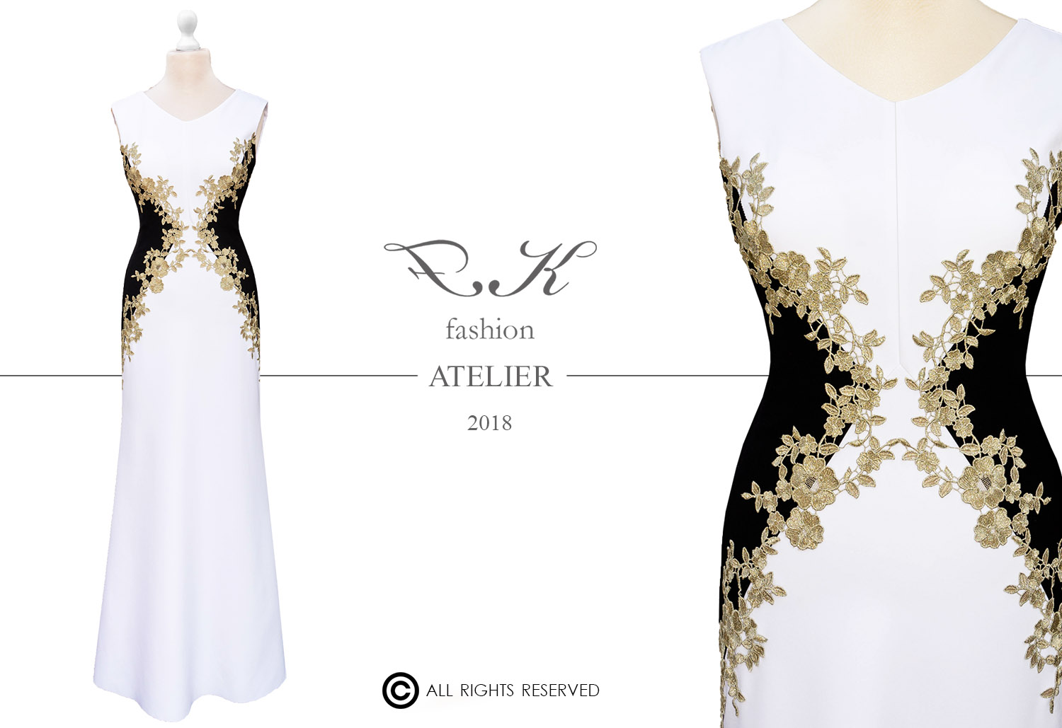 Fekete-fehér-arany tervezői estélyiruha - Kata álomruhája