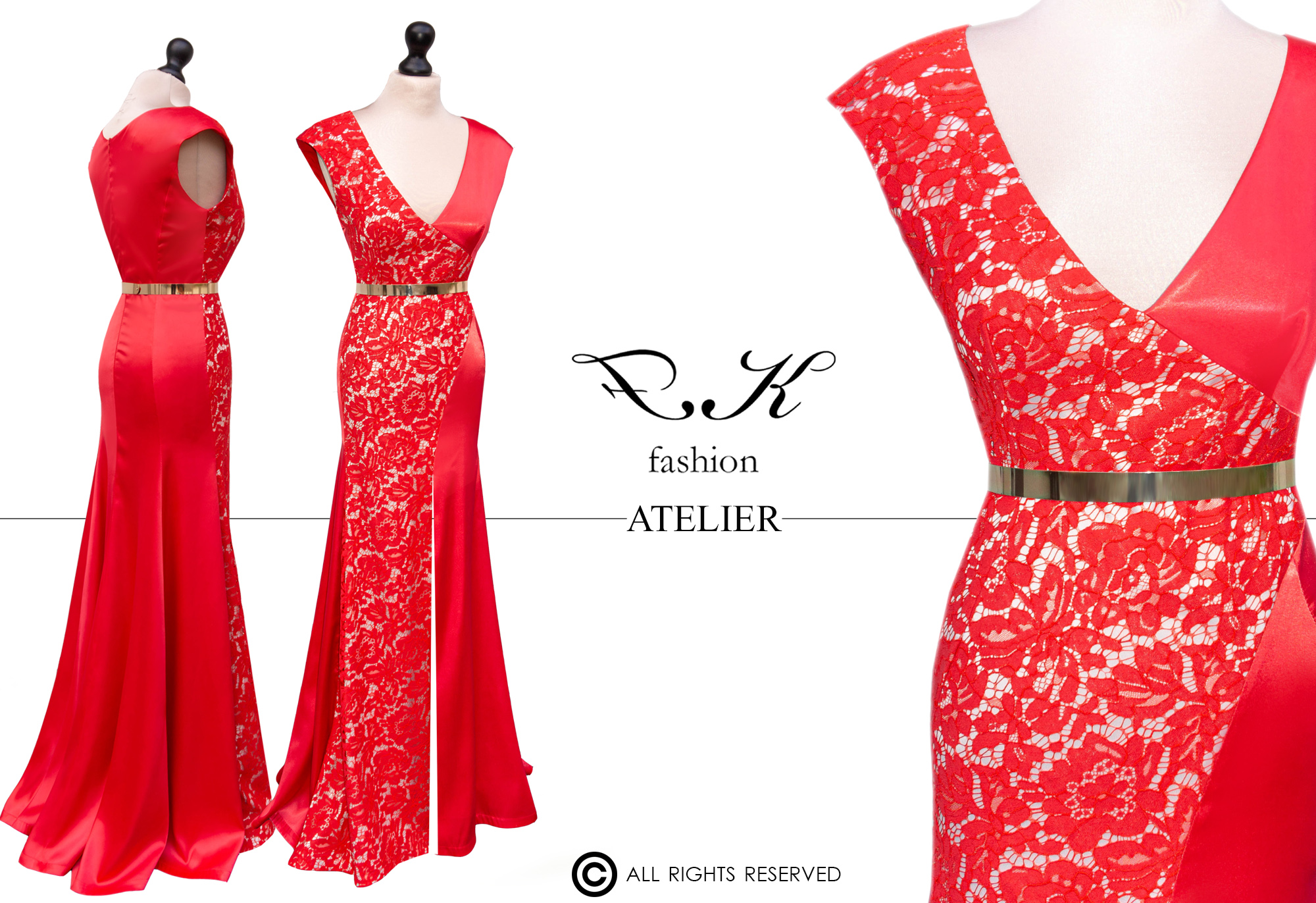Piros sellő vonalvezetésű, csipke-szatén, hosszú alkalmi ruha - Judit álomruhája