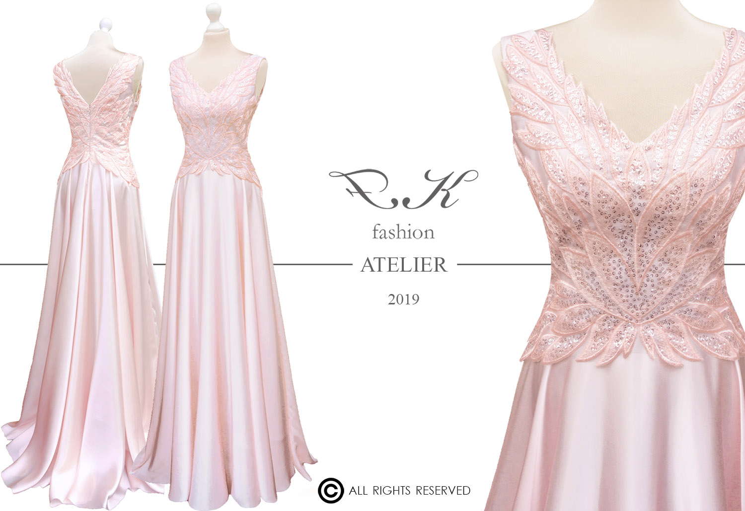 Rózsaszín hernyóselyem uszályos, tervezői báliruha - Adrienn álomruhája