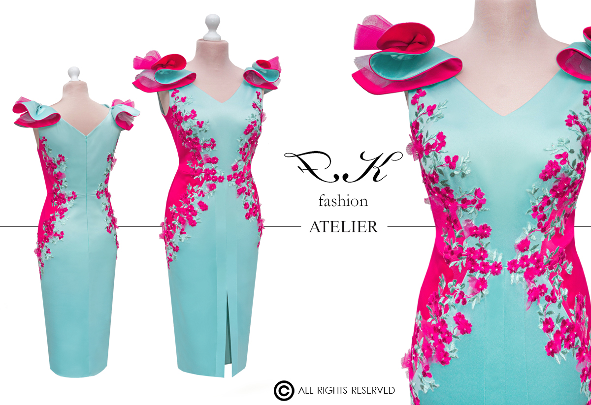 3D-s, kézzel díszített, menta-fukszia színű örömanyaruha - Zina álomruhája