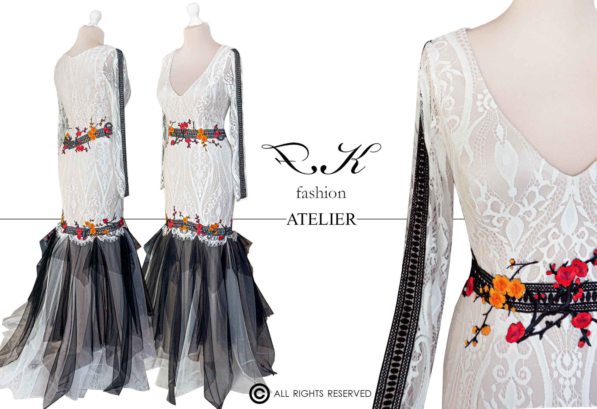 Fehér-fekete, eklektikus stílusú tervezői alkalmi ruha - Szilvi álomruhája