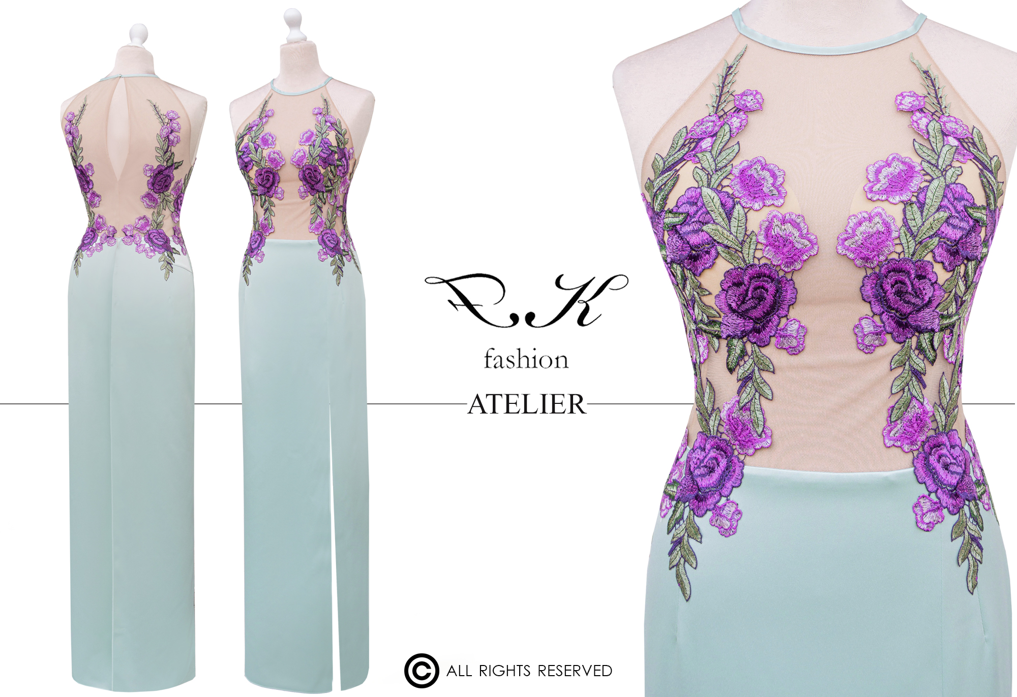 Illusion dress - menta+lila tervezői alkalmi ruha